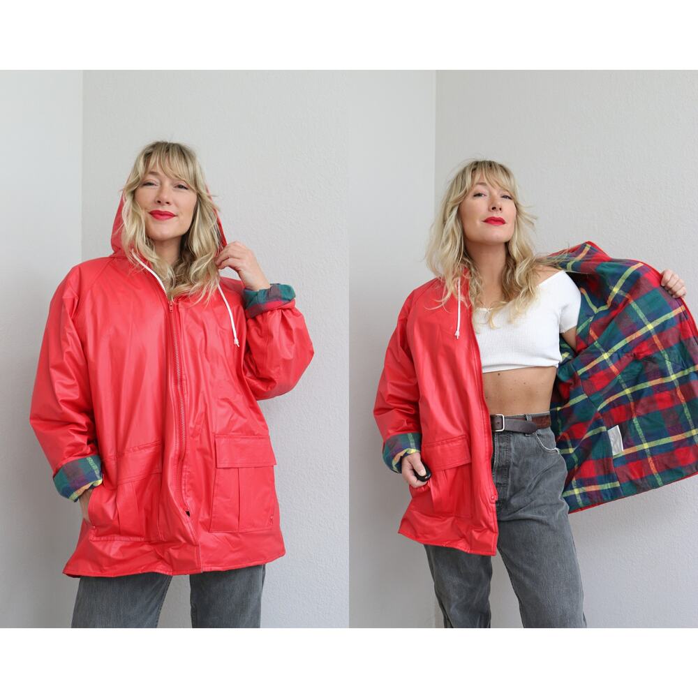 1990's Vintage Plaid Lined Thick Red Rain Waterproof Coat ~ Women's LG to XXL